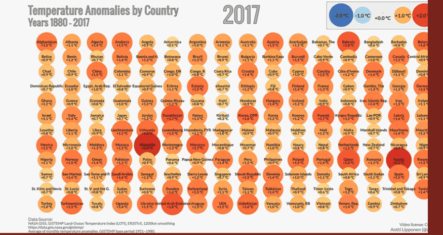 סטייה של הטמפרטורה הממוצעת בשנת 2017 ביחס לממוצע הטמפרטורות בשנים 1951-1980