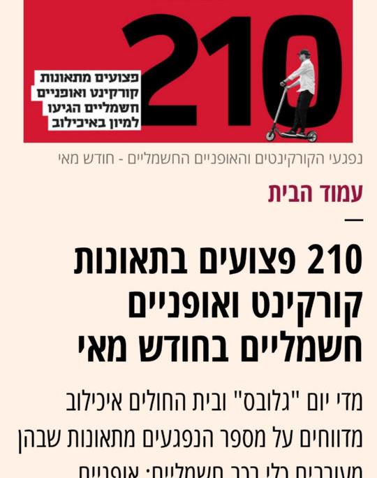 דיווח בעיתון גלובס על 210 פצועים בתאונות קורקינט ואופניים חשמליים בחודש מאי 2020 בבית החולים איכילוב בלבד