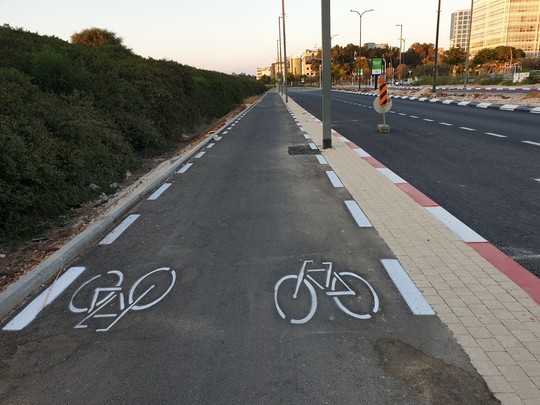 שורת עמודי התאורה לאחר שהוזזו ולאחר סימון שביל האופניים. צילם: ערן שחורי