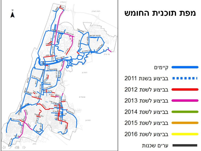 מפת תכנית סלילת שבילי אופניים בתל אביב לביצוע בשנת 2013